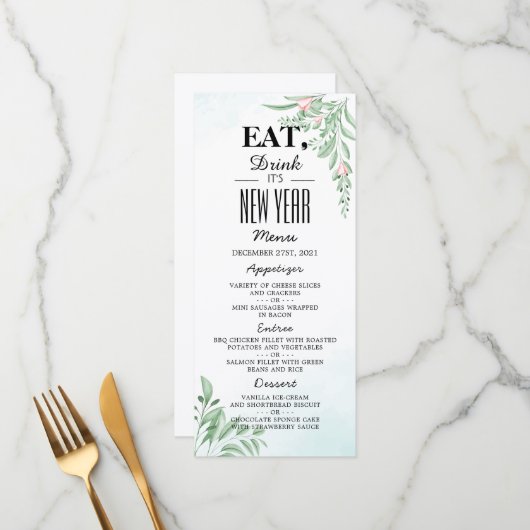 Boho Dusty Blue Eucalyptus Greenery Nieuwjaar Menu (Voorkant / Achterkant in situ)