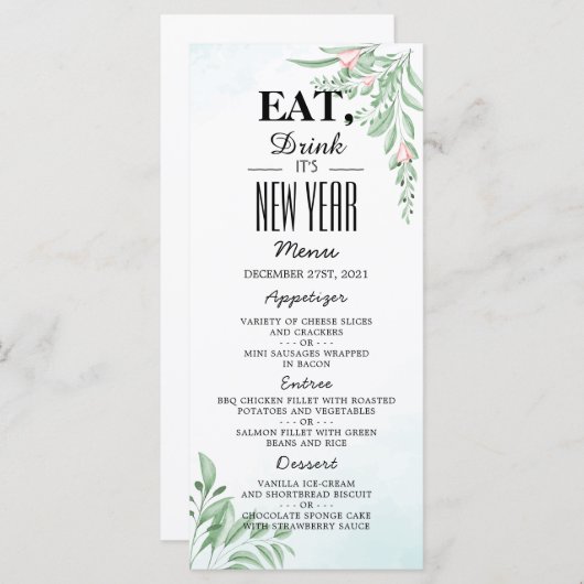Boho Dusty Blue Eucalyptus Greenery Nieuwjaar Menu (Voorkant / Achterkant)