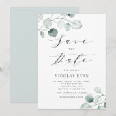 Boho Dusty Blue Eucalyptus Leaves Bar Mitzvah Save The Date (Voorkant / Achterkant)