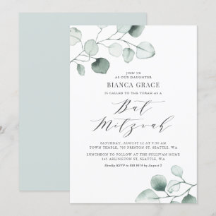 Boho Dusty Blue Eucalyptus Leaves Bat Mitzvah Kaart