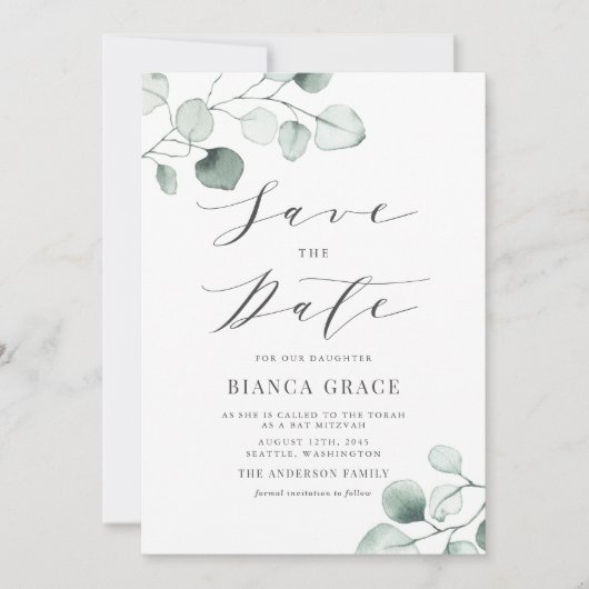 Boho Dusty Blue Eucalyptus Leaves Bat Mitzvah Save The Date (Voorkant)
