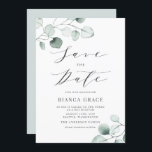 Boho Dusty Blue Eucalyptus Leaves Bat Mitzvah Save The Date<br><div class="desc">Save the date! Aankondiging uw gebeurtenis met dit klantgerichte sparen de datumaankondiging. Greenery bat mitzvah nodigt waterverf uit met een stoffige blauwe eucalyptusbladeren met een grimmig script. Personaliseer u door uw eigen gegevens toe te voegen. Deze eucalyptus Bat Mitzvah sparen de datum is perfect voor elk seizoen en elk thema....</div>