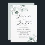 Boho Dusty Blue Eucalyptus Leaves Bat Mitzvah Save The Date<br><div class="desc">Save the date! Aankondiging uw gebeurtenis met dit klantgerichte sparen de datumaankondiging. Greenery bat mitzvah nodigt waterverf uit met een stoffige blauwe eucalyptusbladeren met een grimmig script. Personaliseer u door uw eigen gegevens toe te voegen. Deze eucalyptus Bat Mitzvah sparen de datum is perfect voor elk seizoen en elk thema....</div>