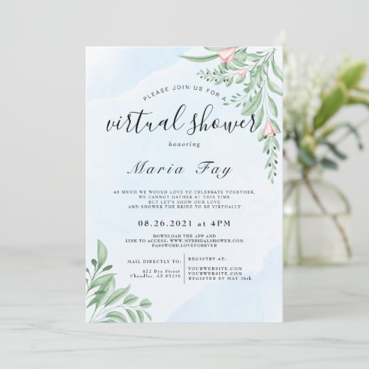 Boho Dusty Blue Eucalyptus Virtual Vrijgezellenfee Kaart (Staand voorkant)