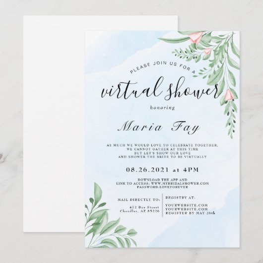 Boho Dusty Blue Eucalyptus Virtual Vrijgezellenfee Kaart (Voorkant / Achterkant)