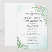 Boho Dusty Blue First Heilige Communie Save The Date (Voorkant / Achterkant)