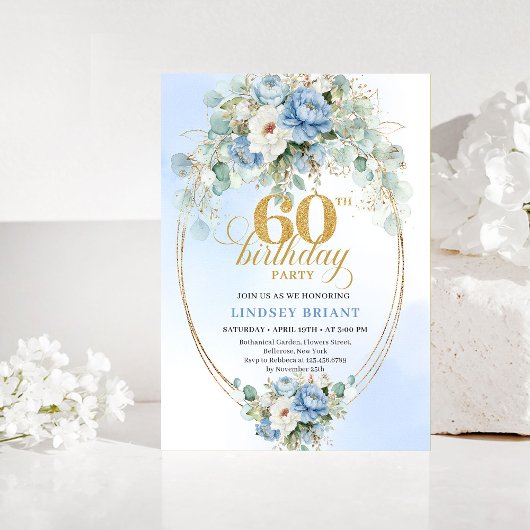 Boho Dusty Blue Floral 60th Birthday Invitation Kaart