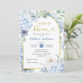 Boho Dusty Blue Floral Baby In Bloom Baby Shower Kaart (Staand voorkant)