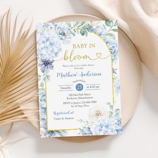 Boho Dusty Blue Floral Baby In Bloom Baby Shower Kaart