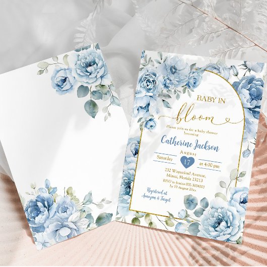 Boho Dusty Blue Floral Baby in Bloom Baby shower Kaart