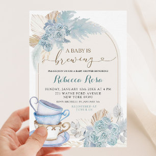Boho Dusty Blue Floral Baby is Baby shower brouwen Kaart