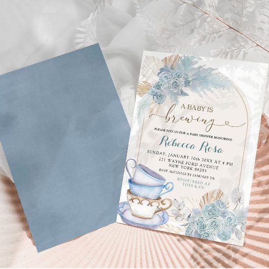 Boho Dusty Blue Floral Baby is Baby shower brouwen Kaart