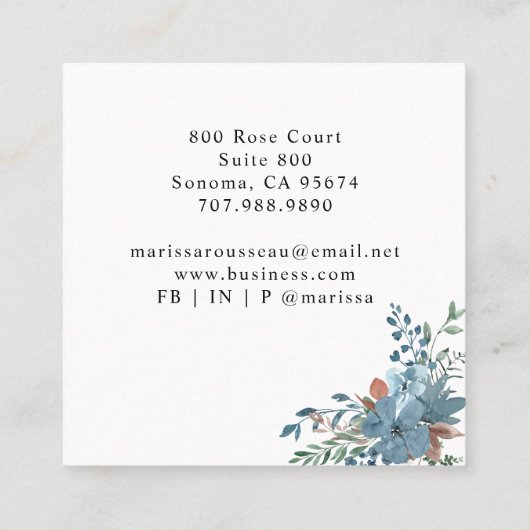 Boho Dusty Blue Floral Botanical Vierkante Visitekaartje (Achterkant)