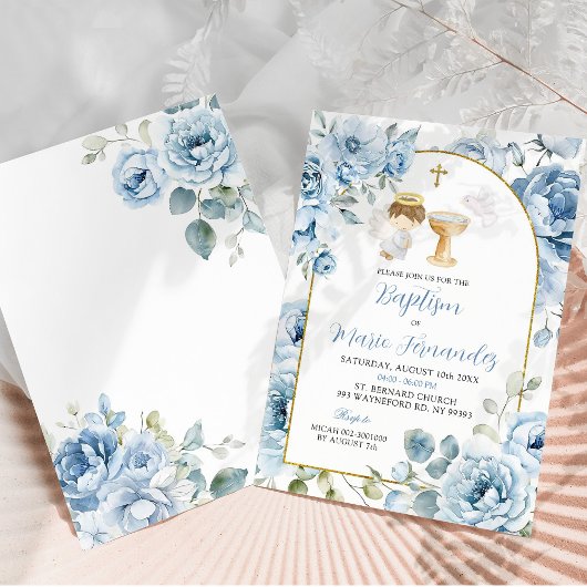 Boho Dusty Blue Floral Boy Doop Uitnodiging