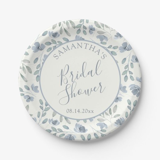 Boho Dusty Blue Floral Bridal Shower  Papieren Bordje (Voorkant)