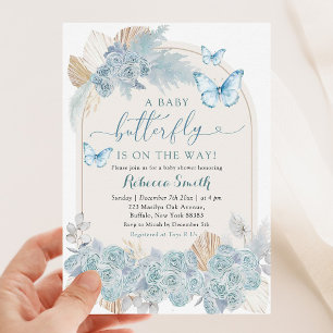 Boho Dusty Blue Floral Butterfly Baby shower Kaart