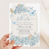 Boho Dusty Blue Floral Butterfly Baby shower Kaart