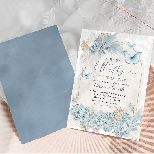 Boho Dusty Blue Floral Butterfly Baby shower Kaart