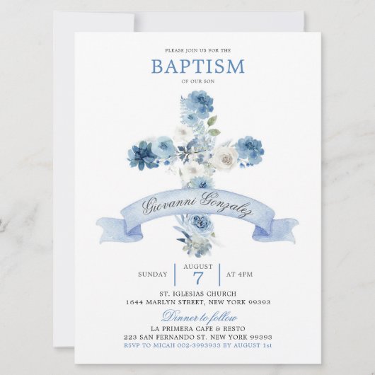 Boho Dusty Blue Floral Cross Baptism Invitation Kaart (Voorkant)