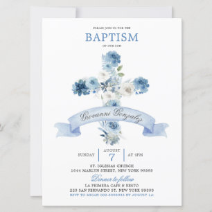 Boho Dusty Blue Floral Cross Baptism Invitation Kaart
