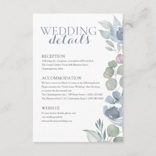 Boho Dusty Blue Floral Details Wedding Informatiekaartje (Voorkant)