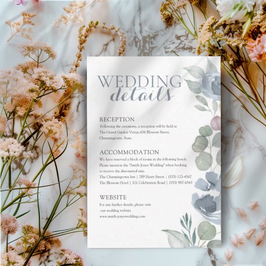 Boho Dusty Blue Floral Details Wedding Informatiekaartje