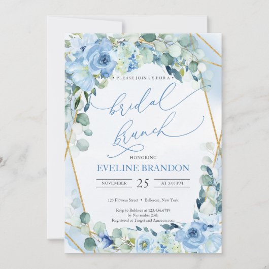 Boho Dusty Blue Floral Faux Gold Geometric Bridal Kaart (Voorkant)