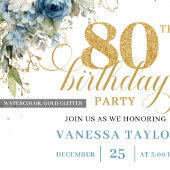 Boho Dusty Blue Floral Gold 80th Birthday Invite Kaart