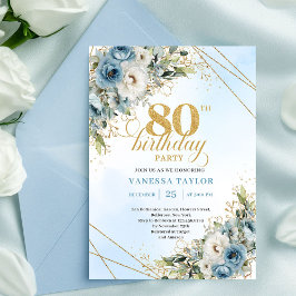Boho Dusty Blue Floral Gold 80th Birthday Invite Kaart