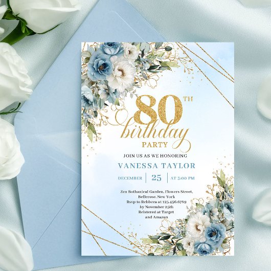 Boho Dusty Blue Floral Gold 80th Birthday Invite Kaart