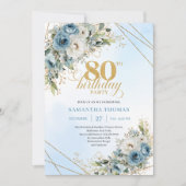 Boho Dusty Blue Floral Gold 80th Birthday Invite Kaart (Voorkant)