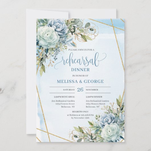 Boho Dusty Blue Floral Gold Frame Dinner Invite Kaart (Voorkant)