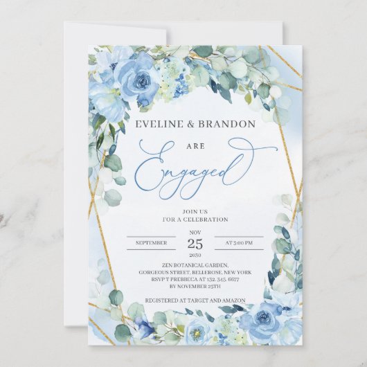 Boho Dusty Blue Floral Gold Geometrisch Lijst Enga Kaart (Voorkant)