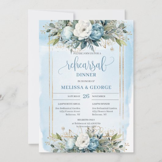 Boho Dusty Blue Floral Gold Glitter Dinner Invites Kaart (Voorkant)