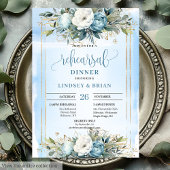 Boho Dusty Blue Floral Gold Glitter Dinner Invites Kaart