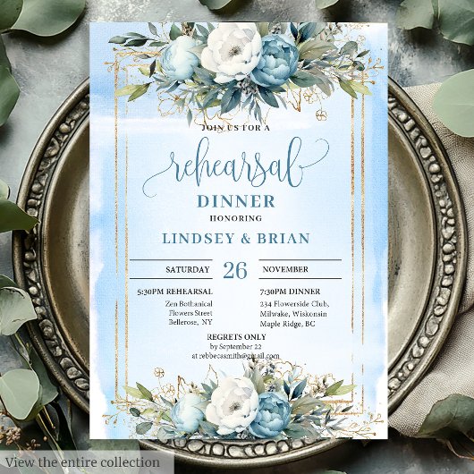 Boho Dusty Blue Floral Gold Glitter Dinner Invites Kaart