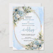 Boho Dusty Blue Floral Gold Glitter wedding invite Kaart (Voorkant)