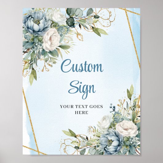 Boho Dusty Blue Floral Gold Glitter Welcome Sign Poster (Voorkant)
