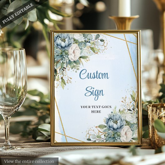 Boho Dusty Blue Floral Gold Glitter Welcome Sign Poster
