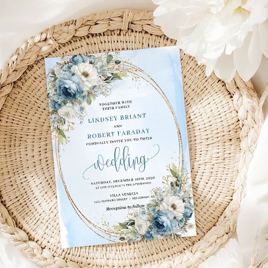 Boho Dusty Blue Floral Gold Wedding Invitation Kaart