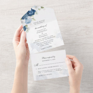 Boho Dusty Blue Floral Greenery Wedding All In One Uitnodiging