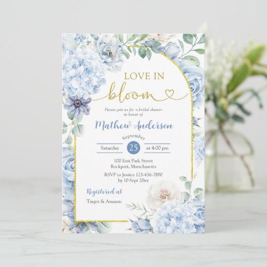 Boho Dusty Blue Floral Love In Bloom Vrijgezellenf Kaart (Staand voorkant)