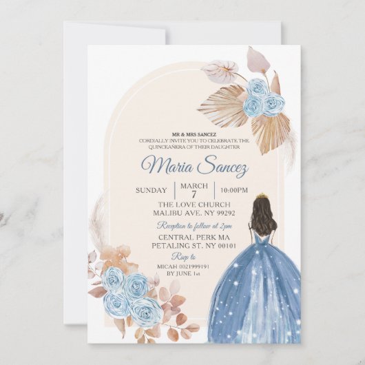 Boho Dusty Blue Floral Mexican Quinceañera Invitat Kaart (Voorkant)