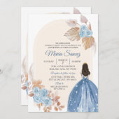 Boho Dusty Blue Floral Mexican Quinceañera Invitat Kaart (Voorkant / Achterkant)