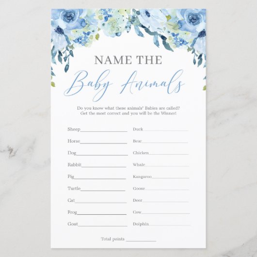 Boho Dusty Blue Floral Name the Baby Animals (Voorkant)