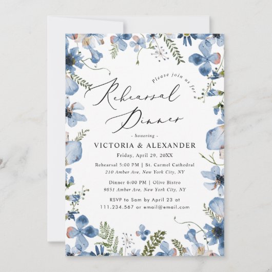 Boho Dusty Blue Floral repetitie diner uitnodiging (Voorkant)