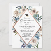 Boho Dusty Blue Floral Roos Gold Graduparty Kaart (Voorkant)