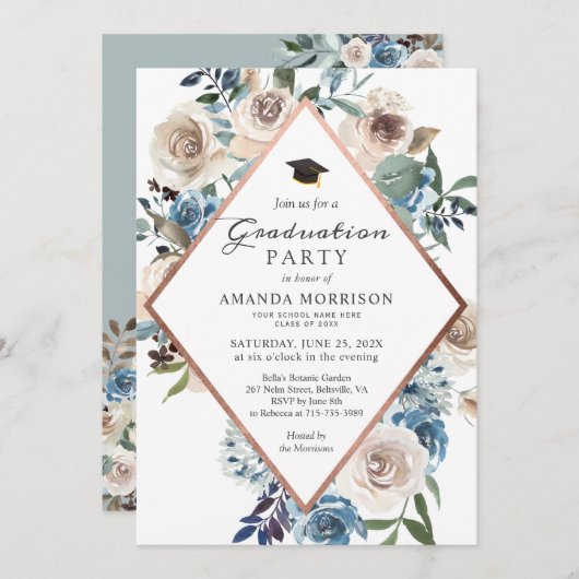 Boho Dusty Blue Floral Roos Gold Graduparty Kaart (Voorkant / Achterkant)