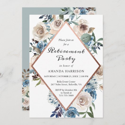 Boho Dusty Blue Floral Roos Gold Retirement Party Kaart (Voorkant / Achterkant)