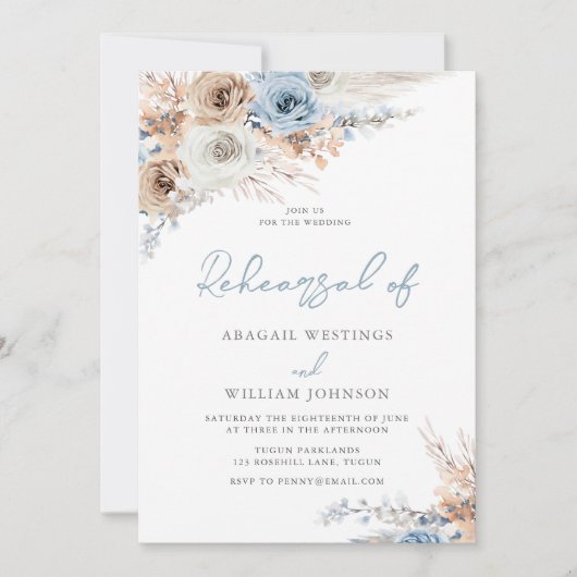 Boho Dusty Blue Floral Wedding Rehearsal Dinner Kaart (Voorkant)